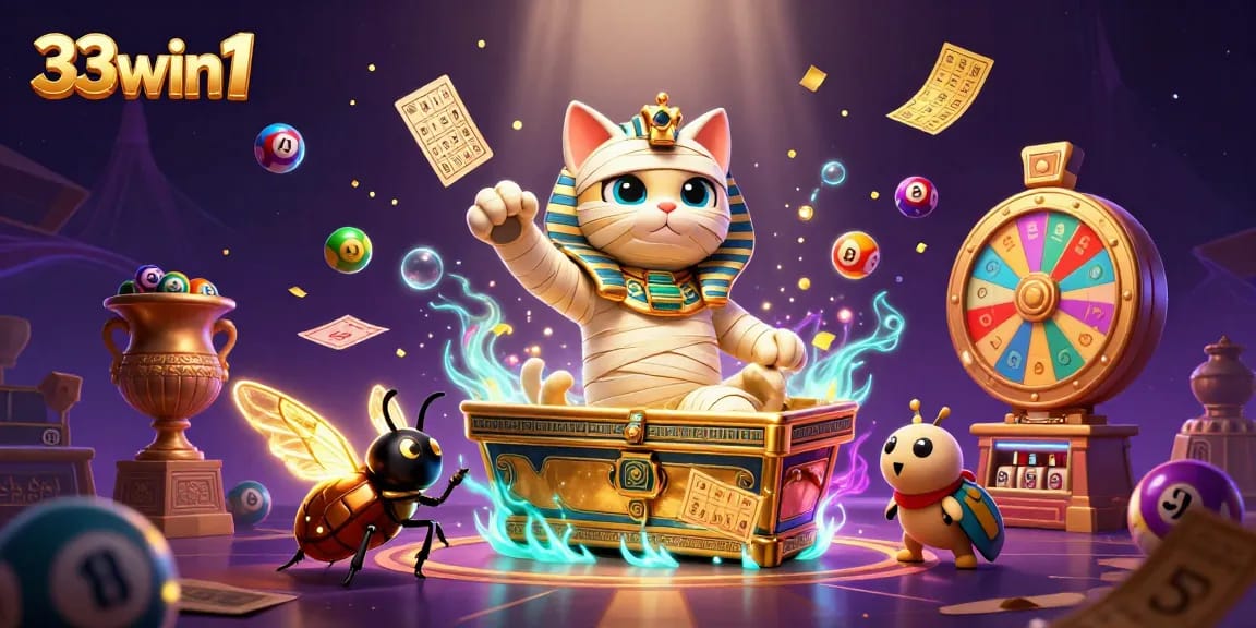 33win1 engages players in a vibrant pyramid casino scene with dynamic lottery elements and a mummy cat.