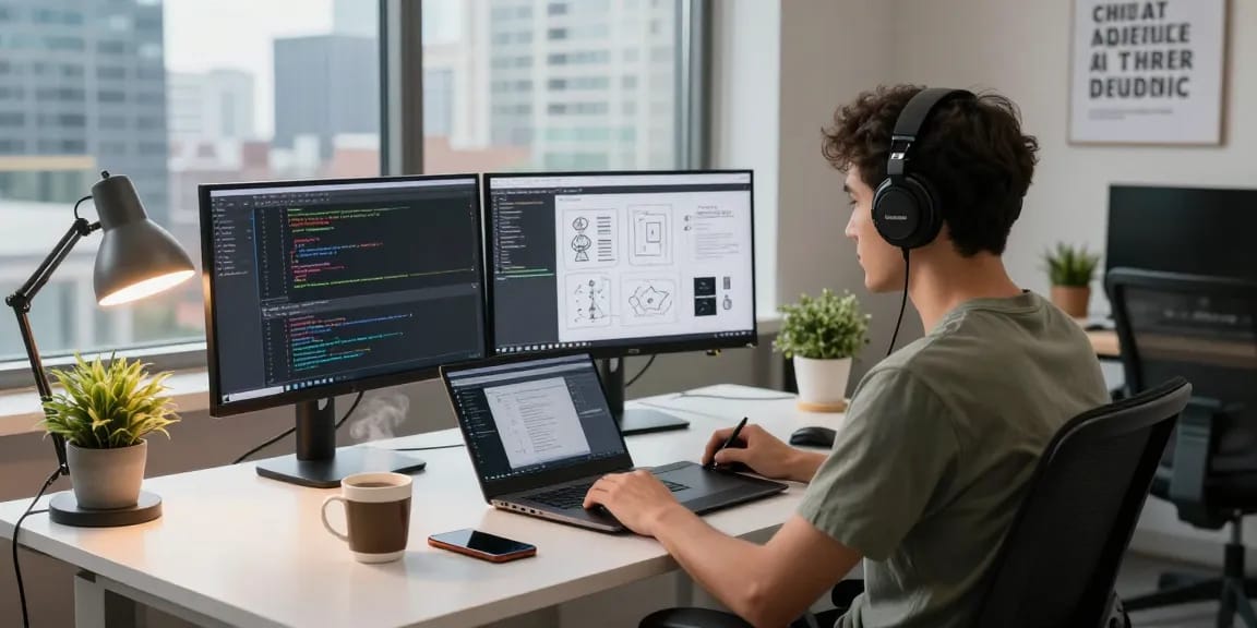 Innovative workspace showcasing the WPS Official Website's software development environment with modern tech setup.