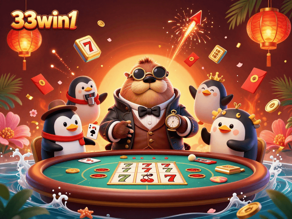 33win1 highlights engaging underwater poker scene with a walrus, penguin dealer, and a bluffing pufferfish