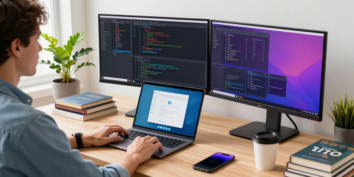Developer working with Telegram Chinese interface on dual monitors in a tech workspace.