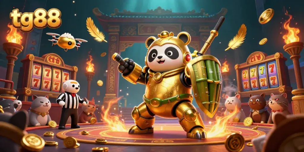 Engaging tg88 cinematic scene capturing an exciting golden panda in a dynamic gaming atmosphere.
