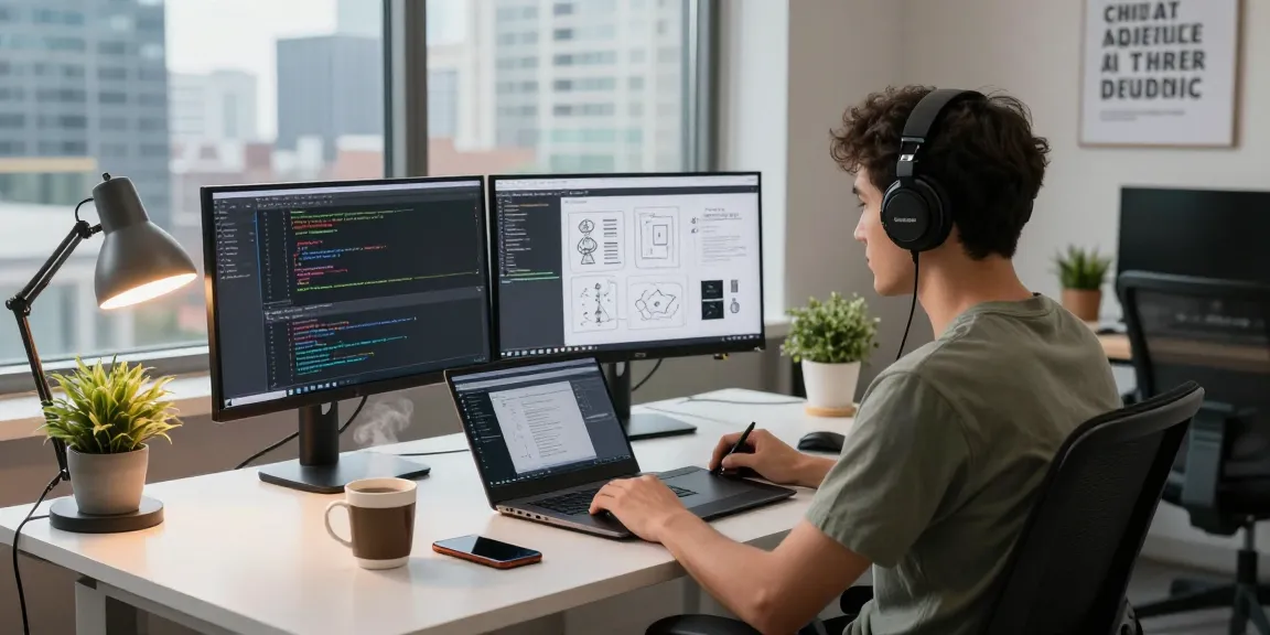 Innovative workspace showcasing the WPS Official Website's software development environment with modern tech setup.