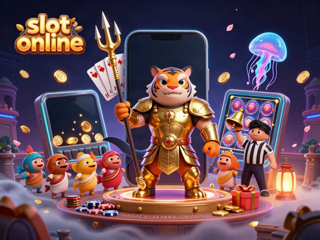 Engaging slot online scene featuring a gladiator shark, vibrant slots, and dynamic gold coins burst.