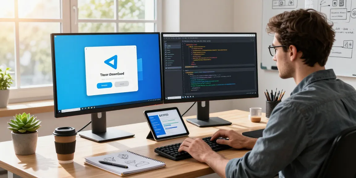Developer in a tech workspace focusing on Telegram Download, showcasing productivity tools and a bright office atmosphere.