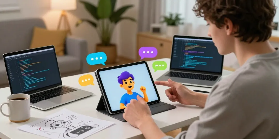Engaging interaction with crush on ai virtual character in cozy modern setting.