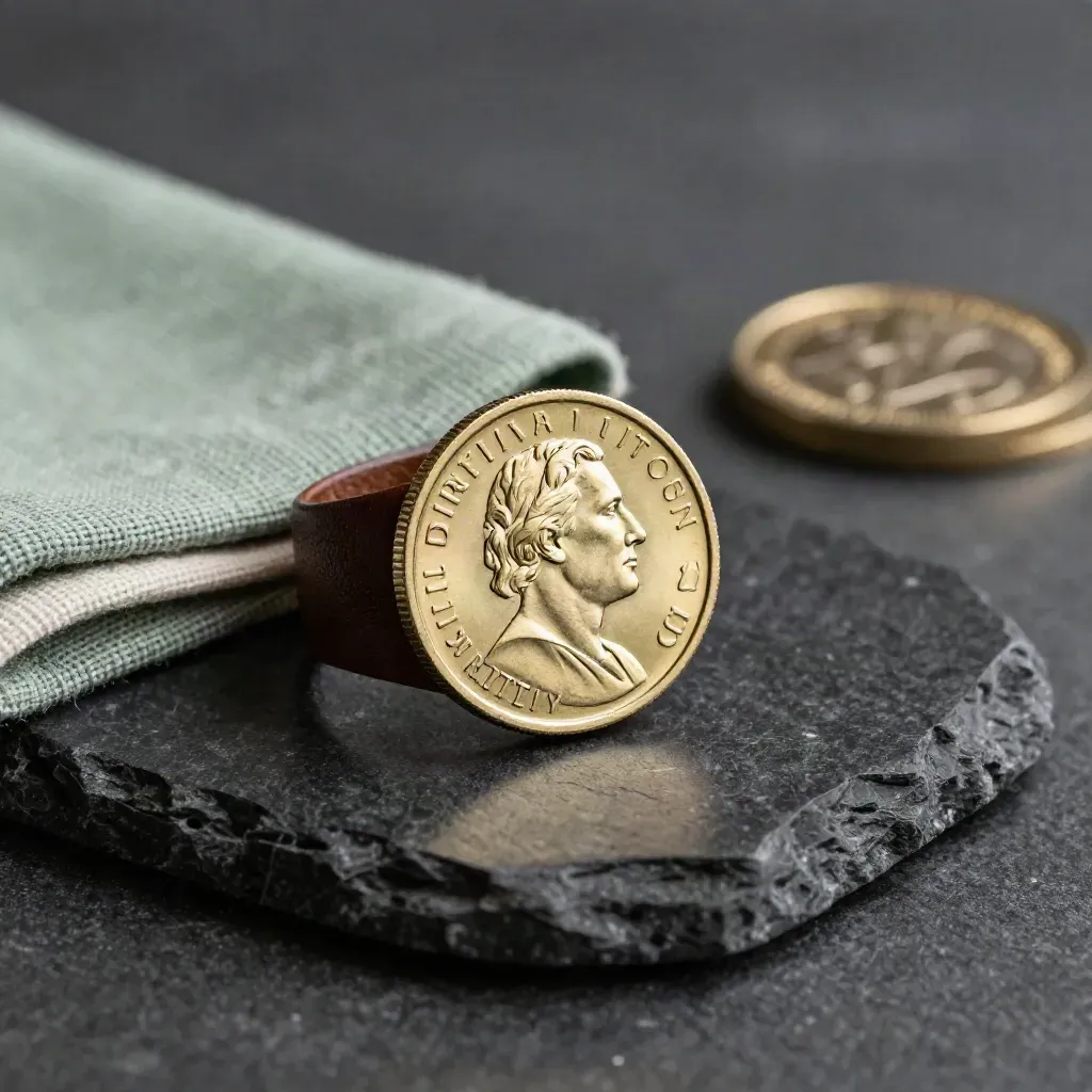 Britannia 1 oz-mynt på mörk sten med läderring och mjuk grön tygvikning