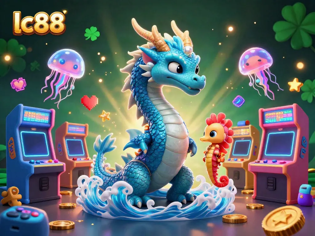 Engage with the enchanting lc88 casino world featuring a vibrant dragon, seahorse, and jellyfish amidst dynamic gaming elements.