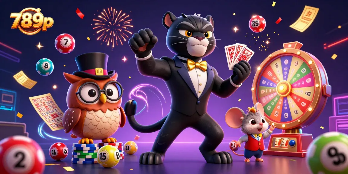 Engage with 789p's vibrant casino atmosphere featuring a stylish tuxedo panther dealing cards and festive elements.
