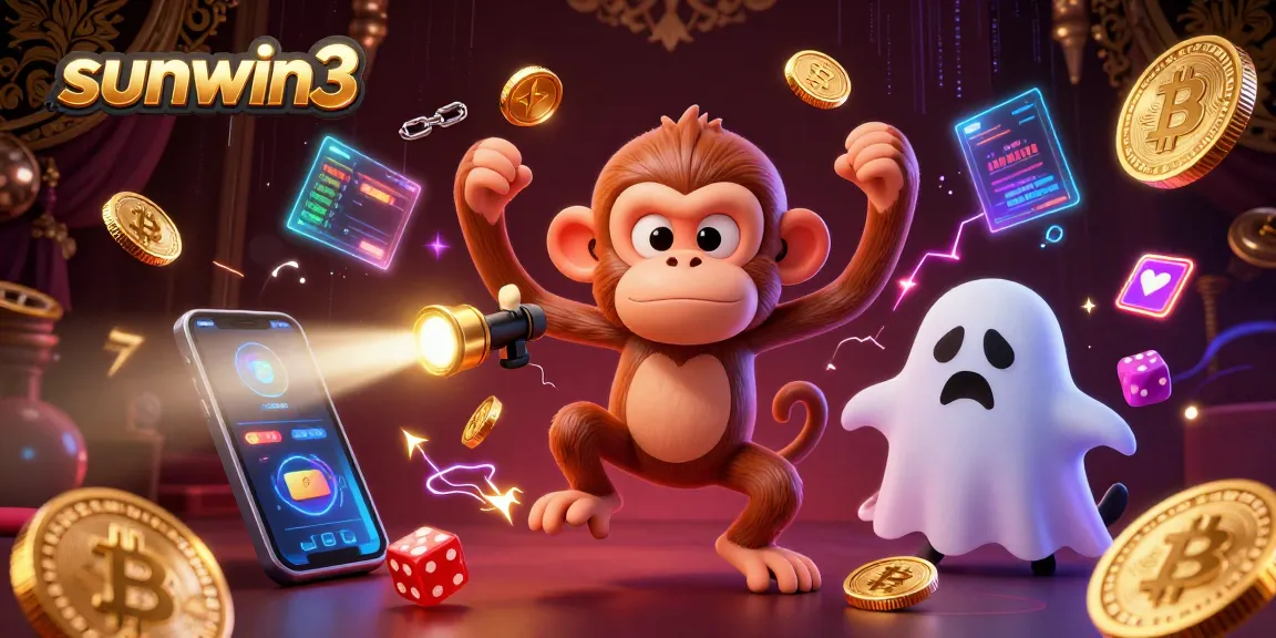 Experience thrilling gameplay with sunwin3, featuring a playful monkey in a dynamic casino scene.